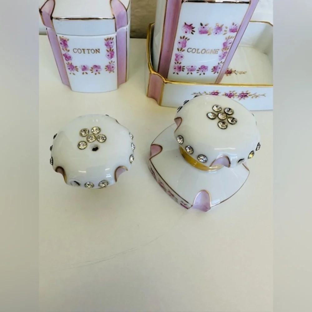 1956 Lefton Vanity Dresser Bottles & Soap Dish Hand Painted Rhinestones/Cork Set
